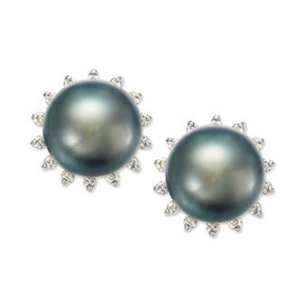 Tahitian Pearl (8 mm) and Diamond (1/5 ct. t.w.) Earrings in 14K White Gold