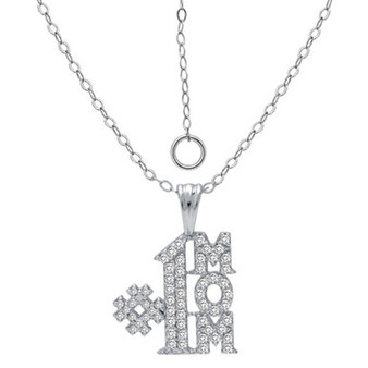 Cubic Zirconia Pavé #1 Mom Pendant Necklace in Sterling Silver, 16" + 2" extender, Created for Macy's