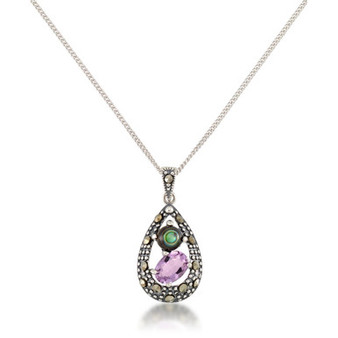 Marcasite, Amethyst (7/8 ct. t.w.) and Abalone (1-1/2 ct. t.w.) Teardrop Pendant+18" Chain in Sterling Silver