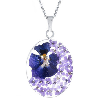 Medium Oval Dried Flower Medal Pendant with 18" Chain in Sterling Silver. Available in Multi, Purple or Red