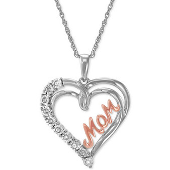 Diamond Heart Mom 18" Pendant Necklace (1/10 ct. t.w.) in Sterling Silver and 14K Rose Gold-Plate