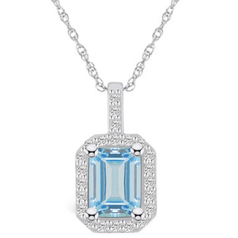 Aquamarine (1-3/8 Ct. T.W.) and Diamond (1/4 Ct. T.W.) Halo Pendant Necklace in 14K White Gold