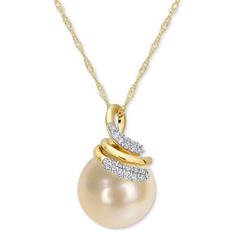 Cultured South Sea Pearl (9mm) & Diamond (1/10 ct. t.w.) Swirl 17" Pendant Necklace in 14k Gold