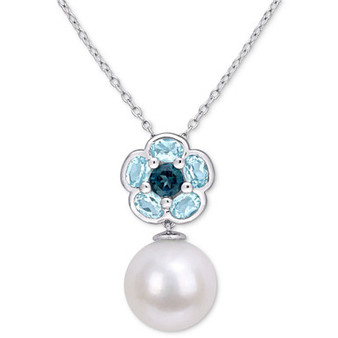 Cultured Freshwater Pearl (11mm) & Blue Topaz (1-3/5 ct. t.w.) 18" Pendant Necklace in Sterling Silver