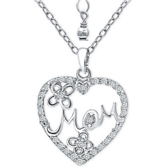 Cubic Zirconia "Mom" Heart Pendant Necklace in Sterling Silver, 16" + 2" extender, Created for Macy's