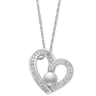 Cultured Freshwater Button Pearl (6mm) & Cubic Zirconia Heart 18" Pendant Necklace in Sterling Silver
