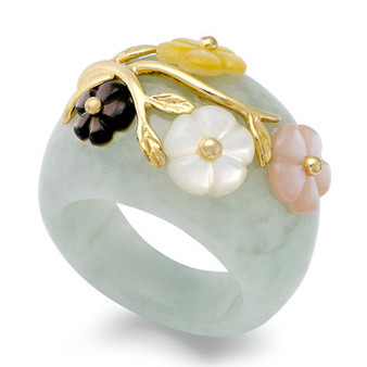 Jade and Multicolored Mother of Pearl (8mm) Flower Ring in 14k Gold over Sterling Silver