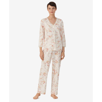 Women's 3/4 Sleeve Lace V-Neck Button Down Ankle Pants 2 Piece Pajama Set