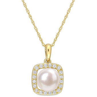 Cultured Freshwater Pearl (7mm) & Lab-Created White Sapphire (1/5 ct. t.w.) Square Halo 17" Pendant Necklace in 10k Gold