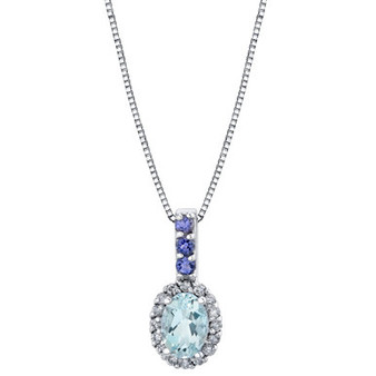 Aquamarine (3/4 ct. t.w.), Iolite (1/6 ct. t.w.) & Diamond (1/6 ct. t.w.) Halo 18" Pendant Necklace in 14k White Gold