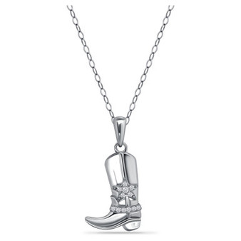 Cubic Zirconia Cowboy Boot with Sheriff Star Pendant Necklace  in Sterling Silver