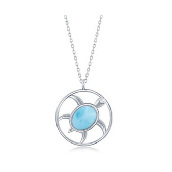 Sterling Silver Oval Larimar Turtle Round Necklace