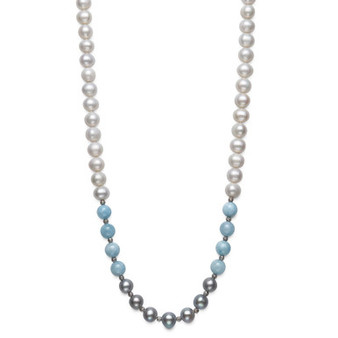 Milky Aquamarine and Cultured Freshwater Pearl 18” Strand Necklace in Sterling Silver