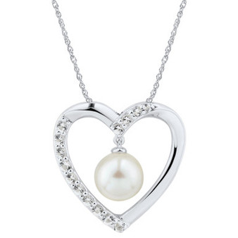 Cultured Freshwater Pearl (7mm) & White Topaz (3/8 ct. t.w.) Heart Pendant Necklace in Sterling Silver, 16" + 2" extender