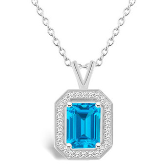 Blue Topaz (2 ct. t.w.) and Diamond (1/7 ct. t.w.) Halo Pendant Necklace in Sterling Silver