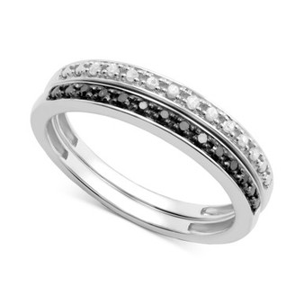 2-Pc Set Black Diamond (1/10 ct. t.w.) & White Diamond (1/10 ct. t.w.) Stack Rings in Sterling Silver