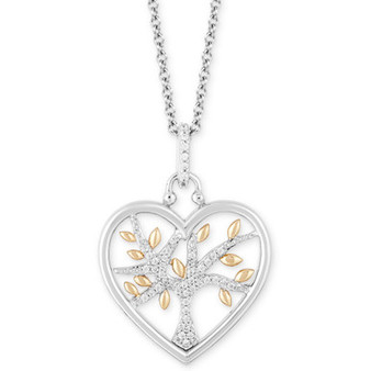 Heart Family Tree Strength pendant (1/10 ct. t.w.) in Sterling Silver & 14k Gold, 16" + 2" extender