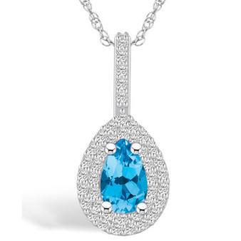 Blue Topaz (1 Ct. T.W.) and Diamond (3/8 Ct. T.W.) Halo Pendant Necklace in 14K White Gold