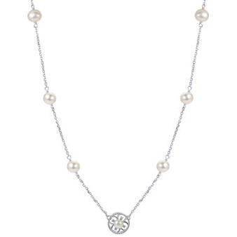 Cultured Freshwater Pearl (5 - 6-1/2mm) & Lab-Created White Sapphire (1/20 ct. t.w.) Flower 18" Pendant Necklace in Sterling Silver
