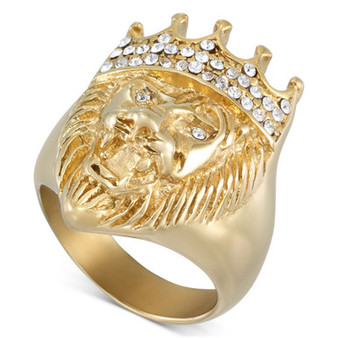 Crystal Lion Ring in Gold-Tone Ion-Plated Stainless Steel