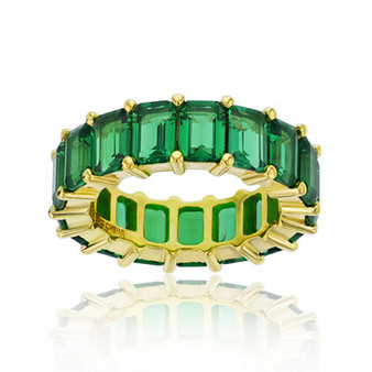 Green Emerald Cut Cubic Zirconia Eternity Band in 14k Yellow Gold Plated Sterling Silver