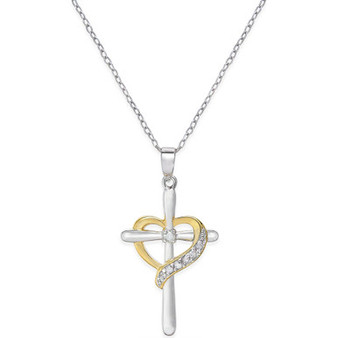 Diamond Cross Heart Pendant Necklace (1/10 ct. t.w.) in Sterling Silver and 18K Gold-Plated Sterling Silver
