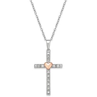 Diamond Two-Tone Cross Pendant Necklace (1/10 ct. t.w.) in Sterling Silver with 18k Rose Gold-Plated Sterling Silver Accent