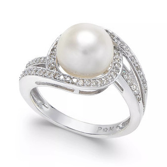 White Cultured Freshwater Pearl (9mm) and Diamond (1/3 ct. t.w.) Swirl Ring in 14k White Gold (Also Available in 14k Yellow Gold & 14k Rose Gold)
