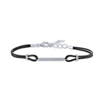 Diamond Accent Bar Black Cord Bracelet in Sterling Silver