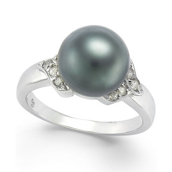 Tahitian Pearl (9mm) and Diamond Ring (1/6 ct. t.w.) in 14k White Gold
