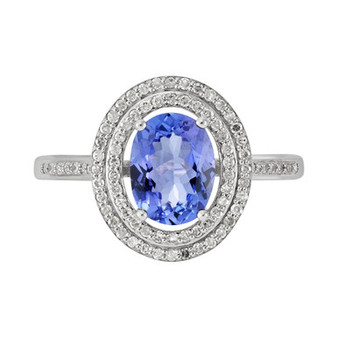Tanzanite (1-1/4 ct. t.w.) & Diamond (1/4 ct. t.w.) Double Halo Oval Ring in 14k White Gold