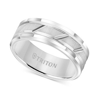 Men's White Tungsten Carbide Ring, 8mm Diamond-Cut Wedding Band