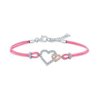 Diamond Accent Double Heart Cord Bracelet in Sterling Silver & Rose Gold-Plate