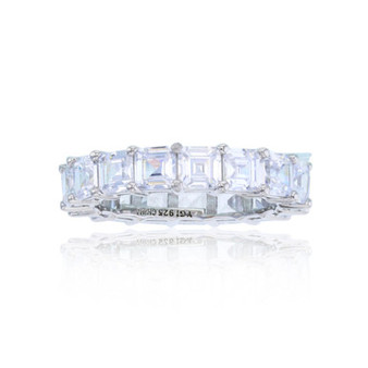 White Princess Cut Cubic Zirconia Eternity Band in Rhodium Plated Sterling Silver