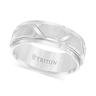 Men's White Tungsten Ring, Bright Cuts Wedding Band