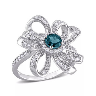 Sterling Silver Blue Topaz, Pink Topaz and White Topaz Flower Cocktail Ring