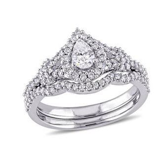 Certified Diamond (7/8 ct. t.w.) Pear-Shape Halo Split Shank Bridal Set in 14k White Gold