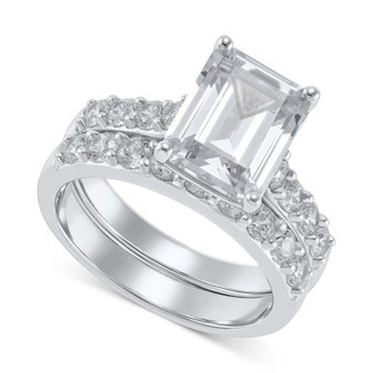 2-Pc. Set Cubic Zirconia Emerald-Cut Ring & Matching Band in Sterling Silver
