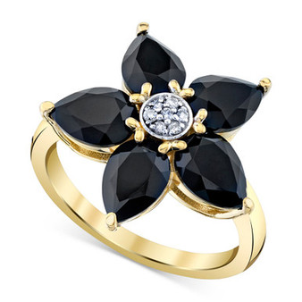 Onyx & Diamond Accent Flower Ring in 10k Gold