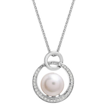 Cultured Freshwater Pearl (8mm) & Diamond (1/10ct. tw.) Double Circle 18" Pendant Necklace in Sterling Silver