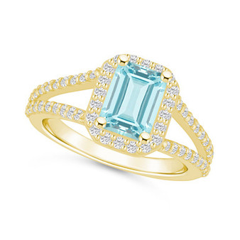 Aquamarine (1-3/8 ct. t.w.) and Diamond (1/2 ct. t.w.) Halo Ring in 14K Yellow Gold