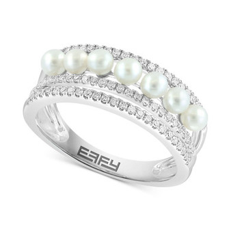EFFY® Freshwater Pearl (3mm) & Diamond (1/3 ct. t.w.) Multirow Ring in 14k White Gold
