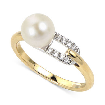 Cultured Freshwater Pearl (7mm) & Lab-Created White Sapphire (1/10 ct. t.w.) Buckle Ring in Sterling Silver & 14k Gold-Plate