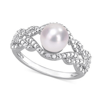 Cultured Freshwater Pearl (7mm) & Diamond Accent Openwork Ring in Sterling Silver