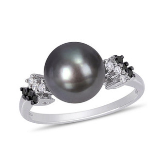 Tahitian Cultured Pearl (9-9.5mm) and Black White Diamond (1/8 ct. t.w.) Ring in 10k White Gold