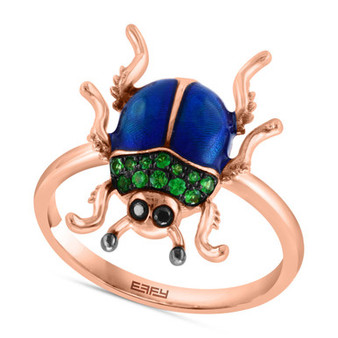 EFFY® Tsavorite (1/6 ct. t.w.) & Black Diamond Accent Beetle Ring in Blue Enamel & 14k Rose Gold