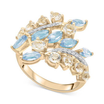 Blue Topaz (1-1/2 ct. t.w.), White Topaz (1-1/2 ct. t.w.) & Diamond (1/10 ct. tw) Leaves Ring in 14k Yellow Gold