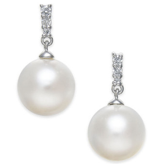 Cultured Freshwater Pearl (8mm) & Diamond Accent Drop Earrings in 14k White Gold