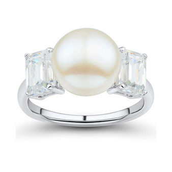 Cultured Freshwater Pearl (10mm) & Cubic Zirconia Baguette Ring in Sterling Silver