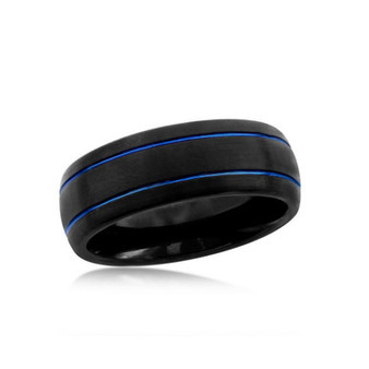 Mens Black and Blue Double Stripe Tungsten Ring